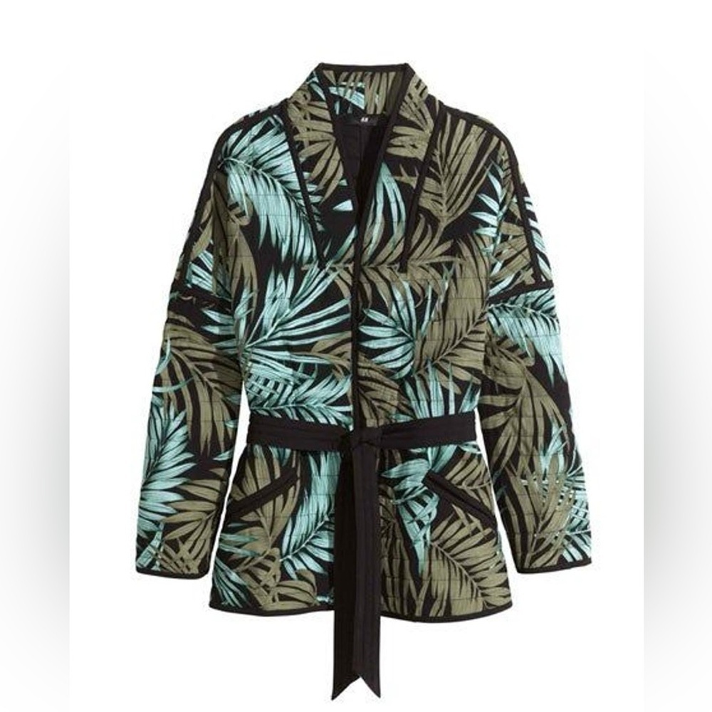 H&M - Tropical Black & Green Quilted Tie Waist Open Long Sleeve Cardigan Size 6